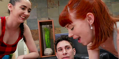 Two horny girls are sharing a happy guy in this threesome