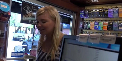 Horny chubby blonde gets naked and sucks cock through gloryhole