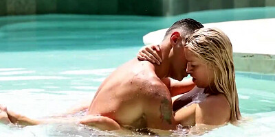 Two horny fellows are fucking an amazing blonde in the pool