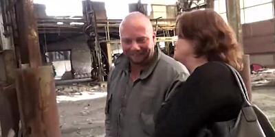 Chubby mature woman blows her man in an abandoned building