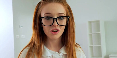 Nerdy redhead girl polishes a hard cock and rides it wildly