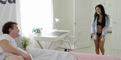 Stunning Asian gal in black lingerie makes love to a handsome white dude