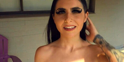 Juicy brunette sucks a thick cock and flirts with the camera while riding