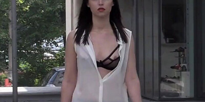 Naughty mom walks around in public without wearing a bra