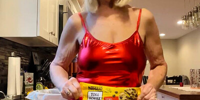 Danielle Dubonnet 65 Year Old MILF Cooking in TIGHT RED DRESS and HEELS