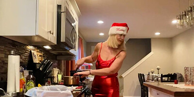 Danielle Dubonnet 65 Year Old MILF Cooking in TIGHT RED DRESS and HEELS