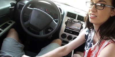 Stranded nerdy teen sucks cock inside a car