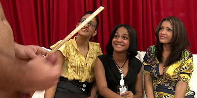Three horny girls are admiring black guy's big cock