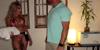 Kitana Montana gives a massage and a sloppy blowjob