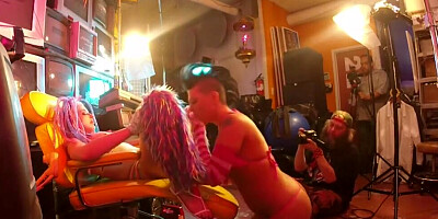 Superb babes Jezebelle and Leya are being filmed during lesbian sex