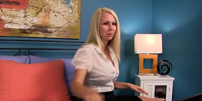 Blonde cougar grabs stepson's morning wood and gives him a handjob