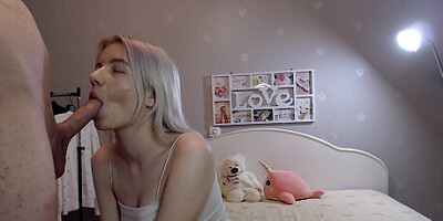 Young babe greedily sucks cock and washes with sperm