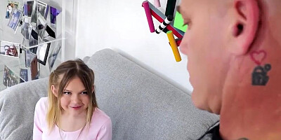 Horny bald man licks his flexible stepdaughter and fucks her hard