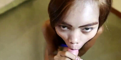 Thai chick was filmed POV style while choking on a big cock of her boyfriend