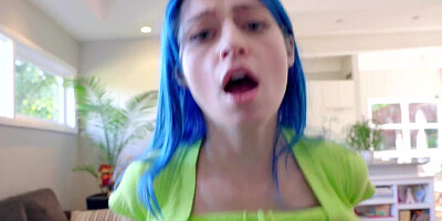 POV blue-haired teen girl is testing the giant pecker of her stepbro