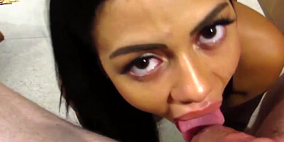 Canela Skin is sucking dudes cock and rams her round ass on it