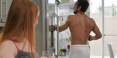 Slutty redhead mom fucks with stepdaughter's new boyfriend in a 3way