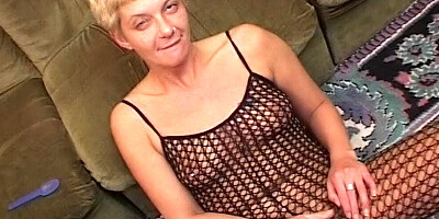 Short-haired blonde is face-fucked and fed with a lot of spunk