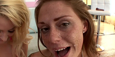 Blonde babe invites a friend over for anal