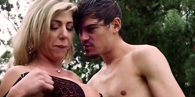 Blonde MILF is making out and fucking with a gardener outside