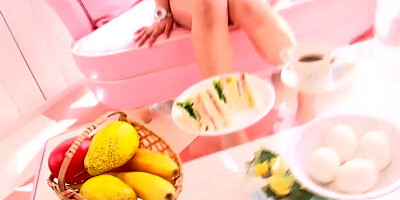 Asian babe with big tits and a wet hairy pussy masturbating solo for the camera