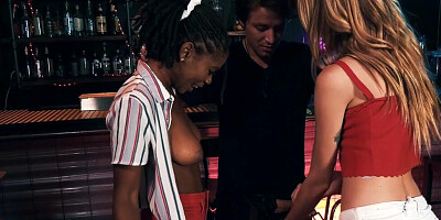 Ebony doll and her white girlfriend are having a threesome on a pool table