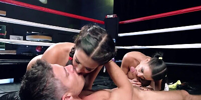 Brunette fighters fucked and licked by referee in the ring