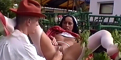 Tanned brunette facialized after anal fun on haystack