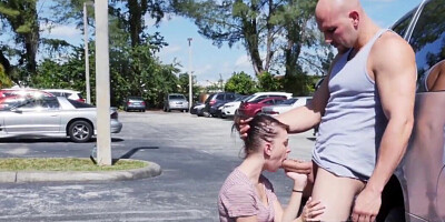 Chick sucks outdoors and fucks inside house