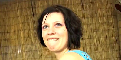 Classic porn video shows horny brunette polishing knob and getting fucked