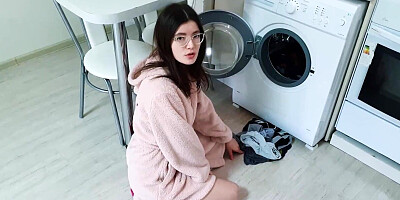 My Step Sister was NOT stuck in the washing machine and caught me when I wanted to fuck her pussy