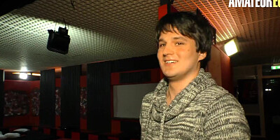 Cute babe Lilly is playing with horny stranger's dick on the couch