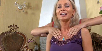 Naughty blonde MILF gets a massage and stepson's cock to suck