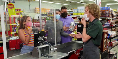 Hung store visitor fucks dark haired teen babe behind the supermarket counter