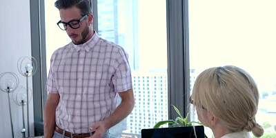 Blonde boss lady is testing the cock of a nerdy young temp