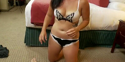 Amateur brunette MILF is filmed during casting couch sex action