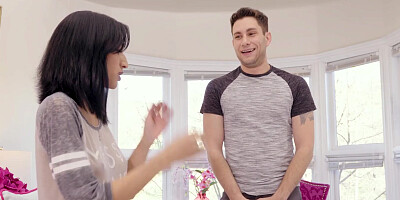 Destiny Love kneels down on stepson and gives him a nice blowjob