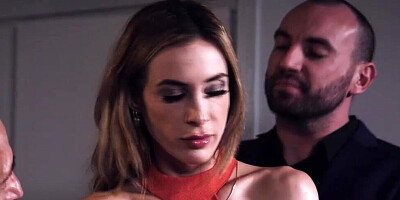 Two older perverts are ramming all the holes of a blonde harlot in a DP threesome