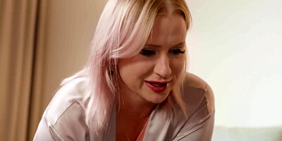 Chubby blonde MILF blows stepson and rides his hard cock