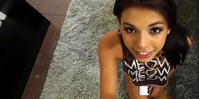 Hairy step sister gives head before cock bouncing in POV