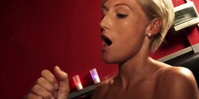 Short-haired blonde MILF is getting butt-fucked in the bar