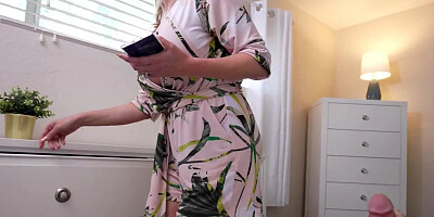 Mature blonde with massive breasts seduces guy and rides his big dick POV