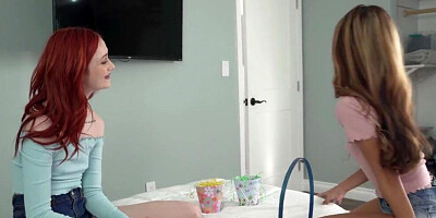 Redhead and Asian lady friends are sharing the stud's thick pecker in an FFM threesome