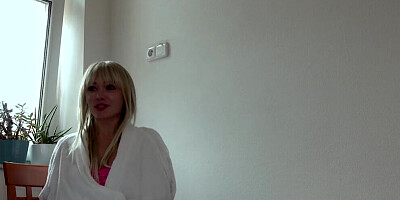 Sweet blonde Polina Max blows an agent and gives him wet cherry