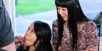 Asian Mom Teachs Her Stepdaughter and BF The Art Of Sucking Cock With Passion