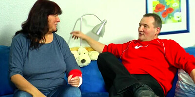 Curvy mature woman blows chubby guy and rides his dick