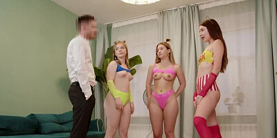 Three girls are being used by a stud like random cheap whores