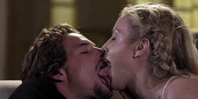 A blonde with a sexy ass is manipulating a cock with her mouth