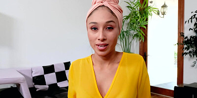 POV ebony darling gives a cock sucking treatment after taking a shower