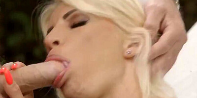 Amazing blonde babe Tiffany Rousso is being licked and fucked outdoors